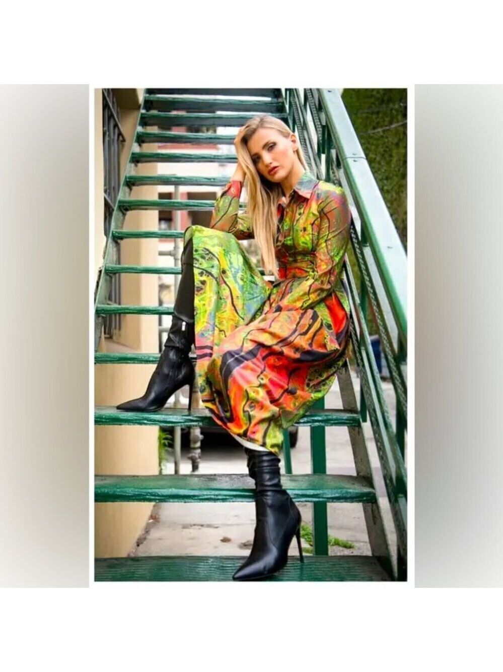 Dalia Macphee Acid Oil Slick Printed Maxi Shirt Dress Size S
